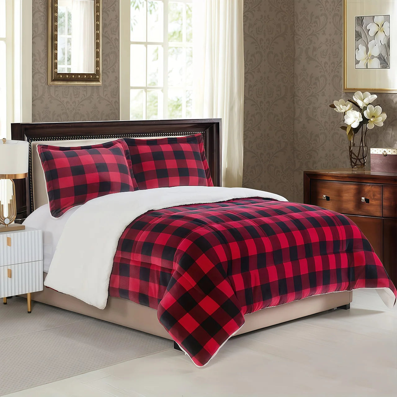 1pc Cozy Sherpa Fleece Buffalo Plaid Blanket - Sofa, Bed, And Outdoor Use - All-Season, Machine Washable, Soft Warm 4lbs, Weight