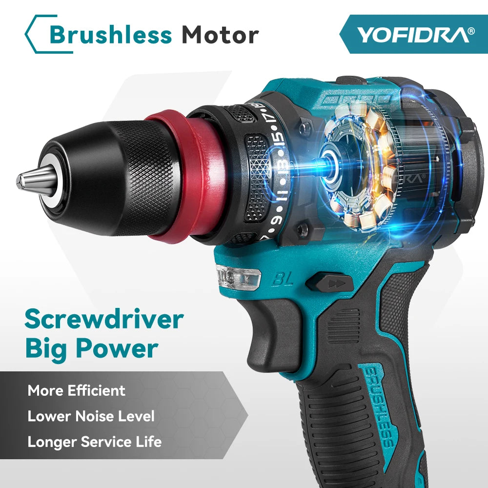 YOFIDRA 2 in1 Brushless Electric Screwdriver Hammer Cordless Drill Impact Multifunctional Power Tool For Makita 21V Battery Pin