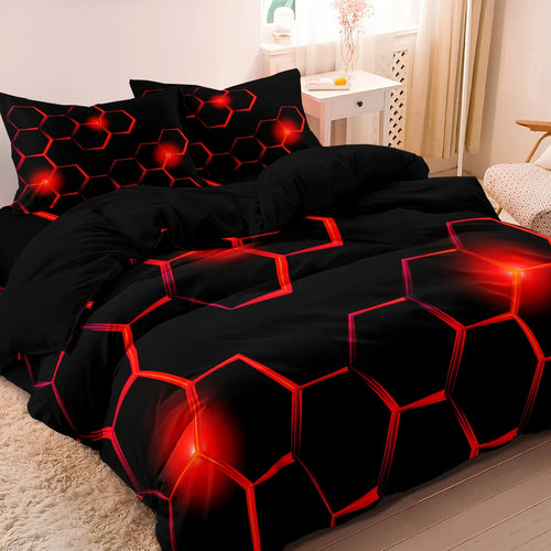 3pcs Red Geometric Hexagon Quilt Duvet Cover Set - Soft Comfortable Bedding Set For Bedroom, - 1*Duvet Cover + 2*Pillowcases