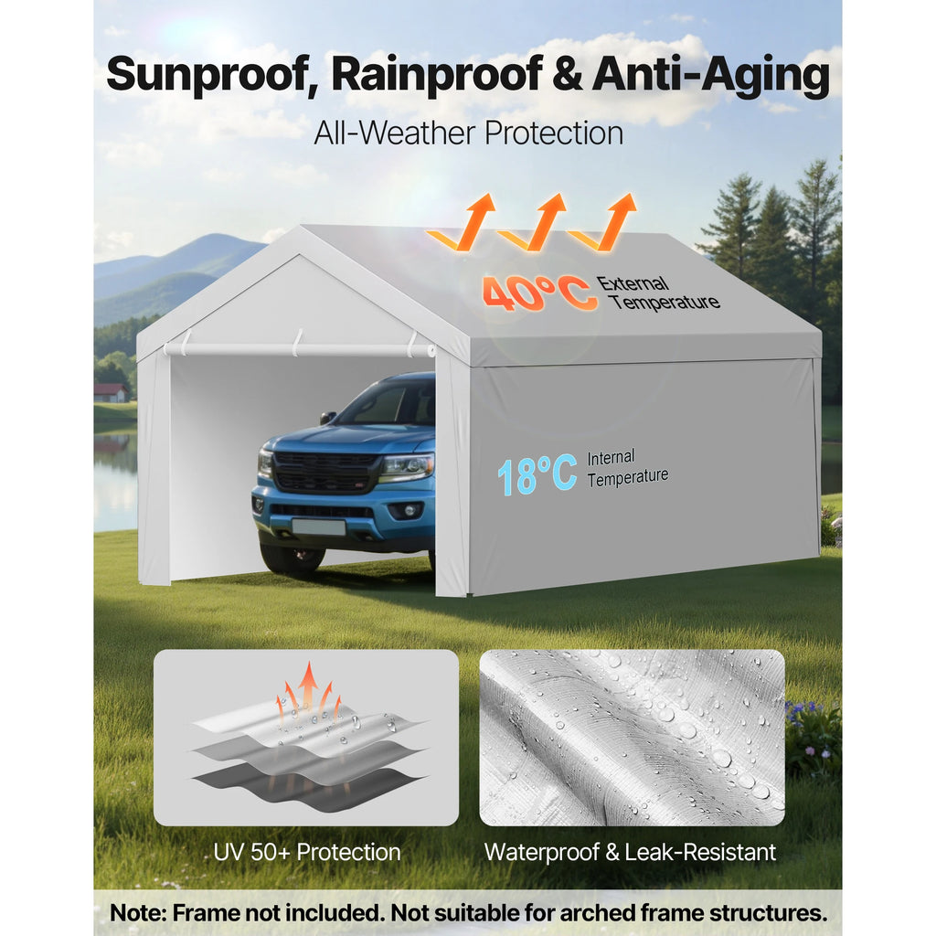 SucceBuy Carport Replacement Canopy Potable Garage Tent Top Tarp with Sidewalls UV-Resistant Car Shelter Tarp with Ball Buggees
