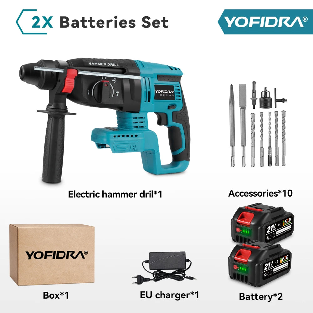 YOFIDRA Brushless Electric Hammer Drill 26MM Multifunctional Cordless Rechargeable Screwdriver Tool For Makita 21V Battery Pin