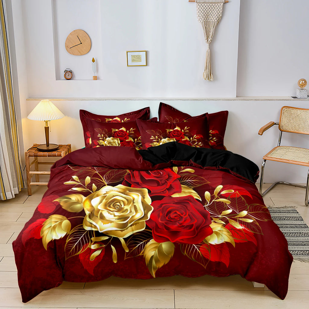 3Pcs Red Gold Rose Duvet Cover Set, 3D Floral Bedding, Soft Microfiber Quilt Cover, Luxury Bedroom Decor,Queen Size,Local Stock