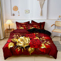 3Pcs Red Gold Rose Duvet Cover Set, 3D Floral Bedding, Soft Microfiber Quilt Cover, Luxury Bedroom Decor,Queen Size,Local Stock