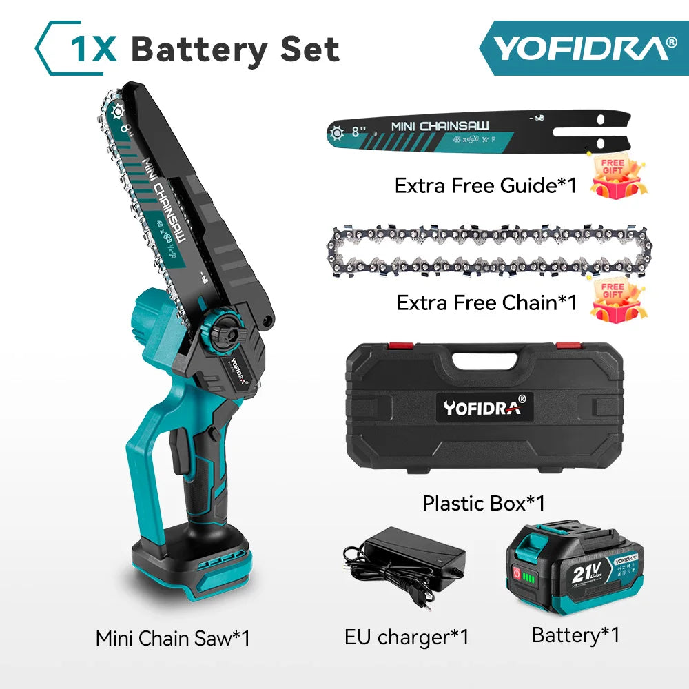 YOFIDRA Brushless 8 inch Electric Pruning Saw Cordless Chainsaw Rechargeable Woodworking Power Tool For Makita 21V Battery Pin