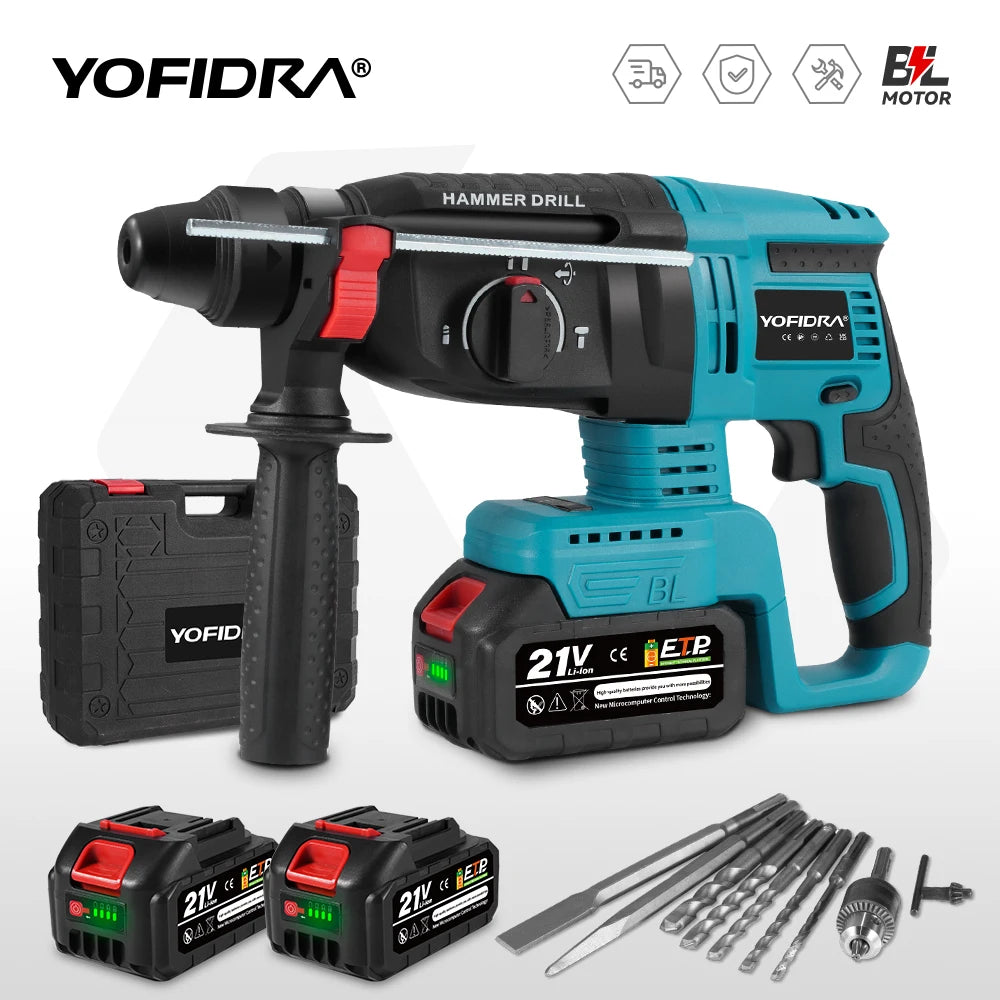 YOFIDRA Brushless Electric Hammer Drill 26MM Multifunctional Cordless Rechargeable Screwdriver Tool For Makita 21V Battery Pin