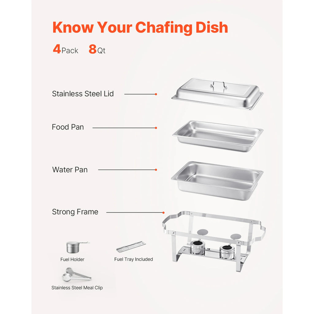 SucceBuy 8Qt 4 Pack Chafing Dish Buffet Set Stainless Steel Chafer with 2 Full Size and 4 Half Size Pans Catering Warmer Server