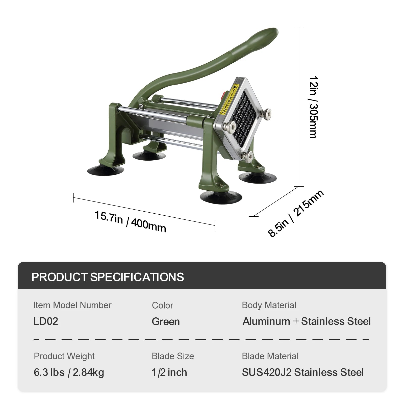 SucceBuy French Fry Cutter Potato Slicer 1/2 3/8 1/4In Stainless Steel Blades for Potato French Fries Cucumber Vegetables Carrot