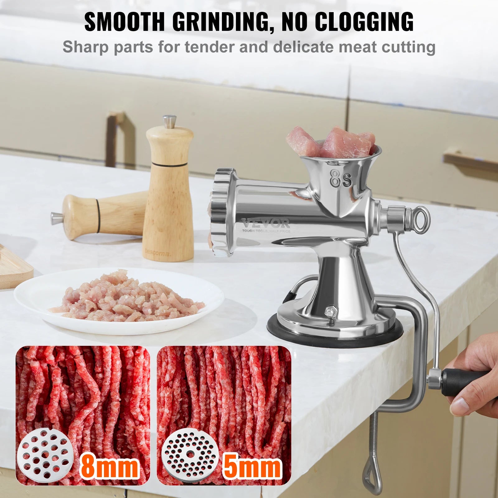 SucceBuy Manual Meat Grinder 304 Stainless Steel Hand Meat Grinder w/ Suction Cup&Steel Table Clamp Meat Mincer Sausage Maker