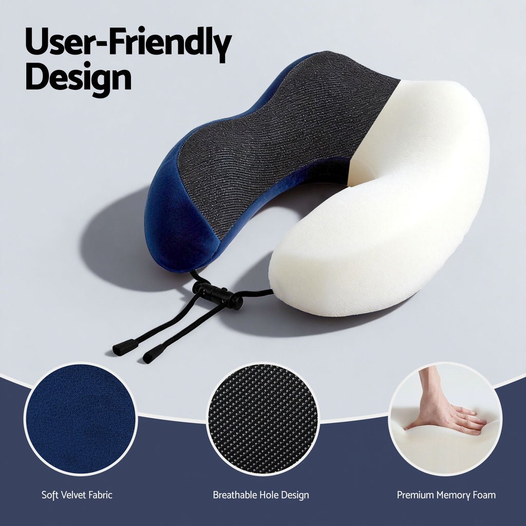 Wanderlite Travel Pillow for Airplanes Memory Foam Neck Pillows for Traveling, Soft & Washable Cover with Storage Bag, Portable Plane Accessories for Airplanes Offices Cars, Blue