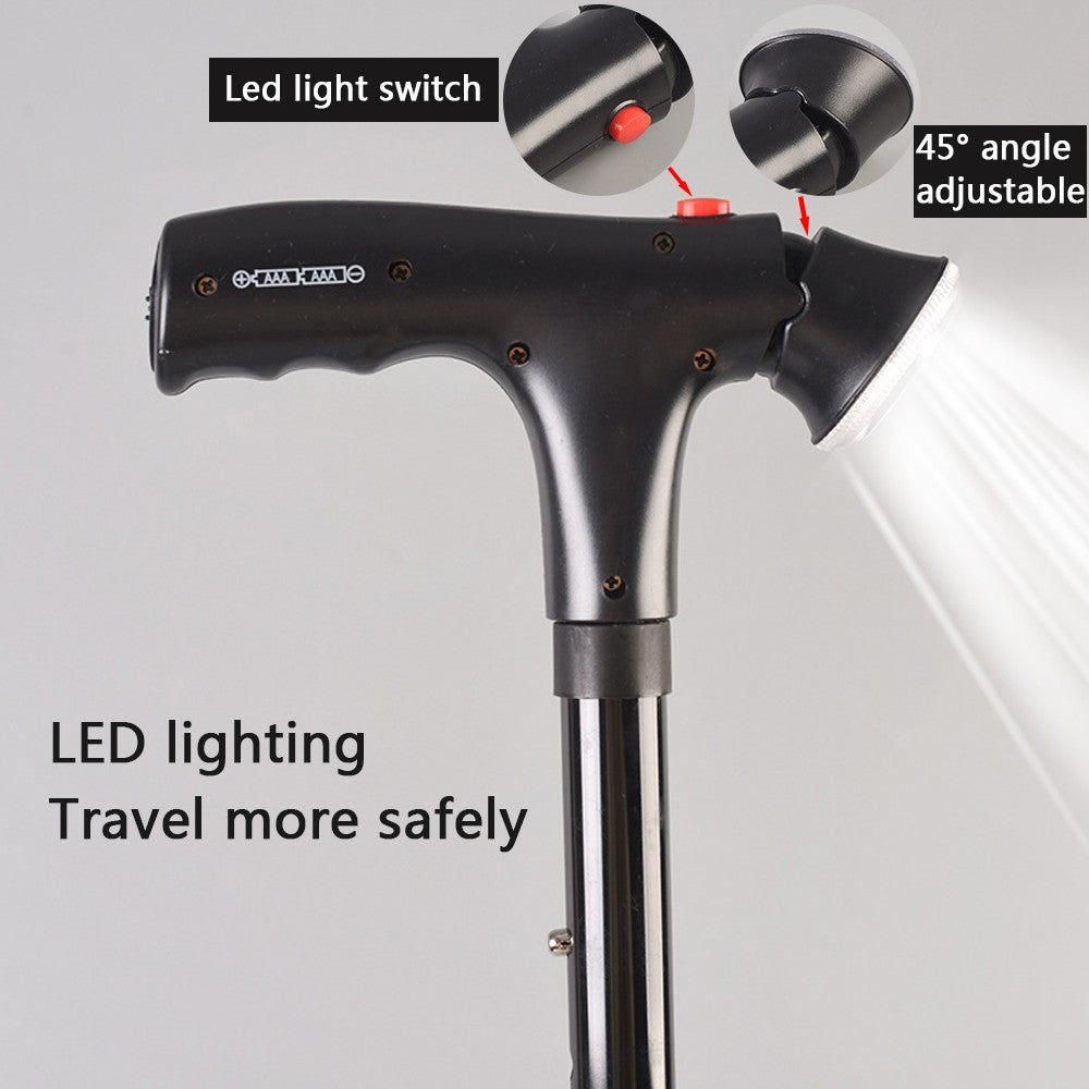 Adjustable Walking Stick Cane With LED Flashlight SOS Alarm Button For Senior Travel Hiking Trekking Pole Folding Crutch Handle Strap 5 Gears