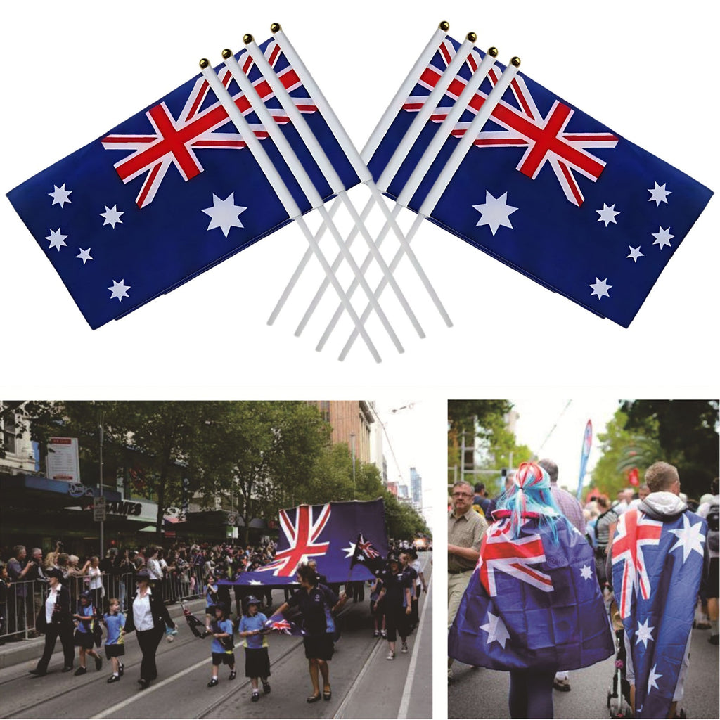 Small Hand Waver Australian Flag Polyester Australia Aussie Flags On Stick 8PCS 14cm X 21cm - Australia Aussie Day Party Supplies