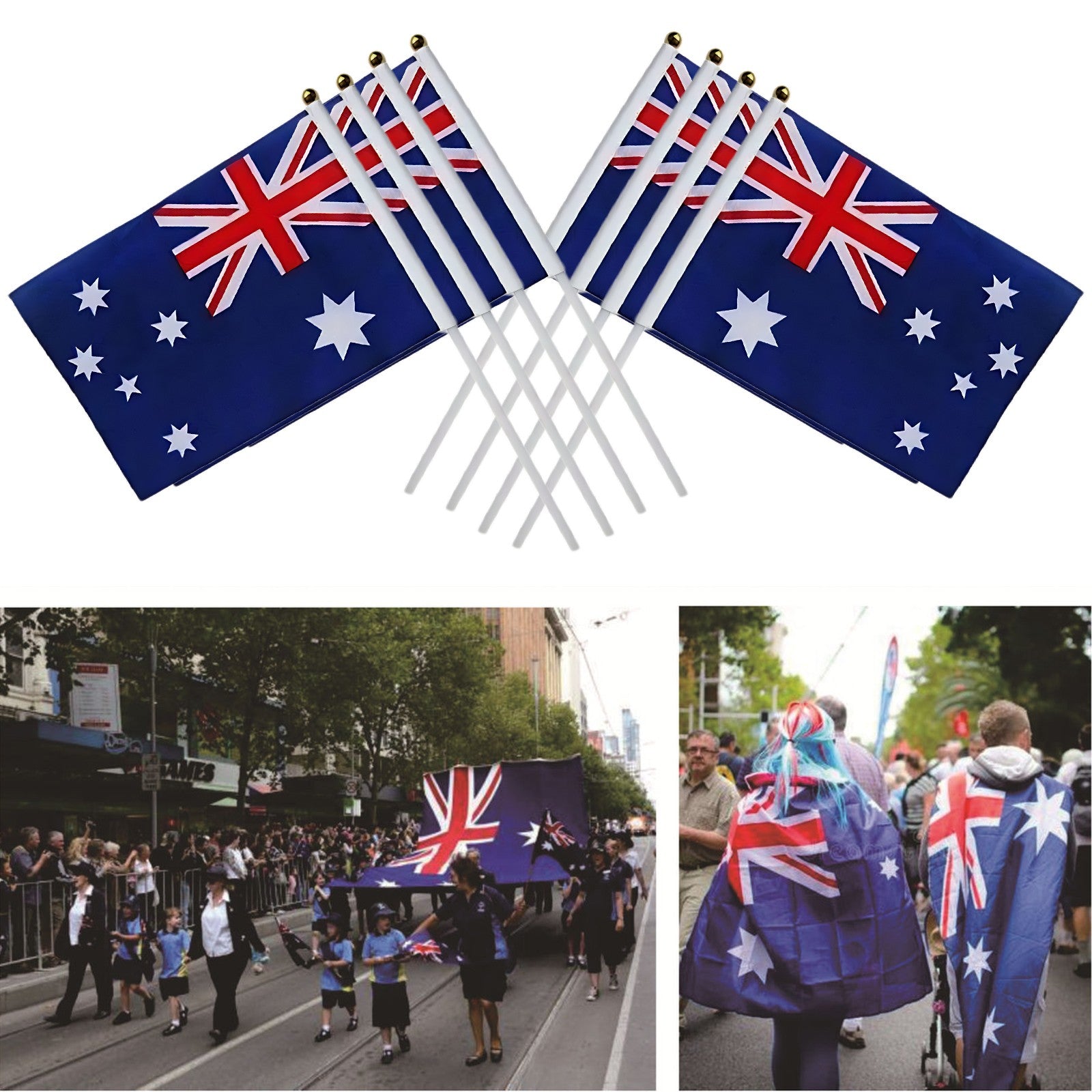 Small Hand Waver Australian Flag Polyester Australia Aussie Flags On Stick 8PCS 14cm X 21cm - Australia Aussie Day Party Supplies